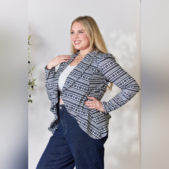 Heimish Full Size Open Front Snowflake Print Pattern Long Sleeve Blazer - Picture 11 of 11